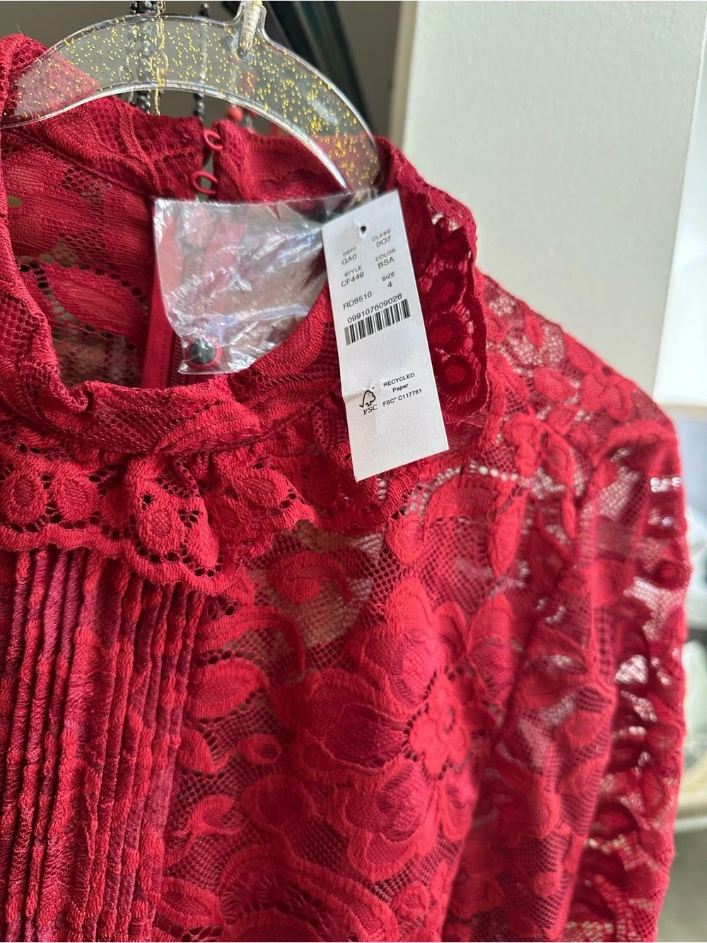 J. Crew Red Lace Pintuck High-Neck Blouse